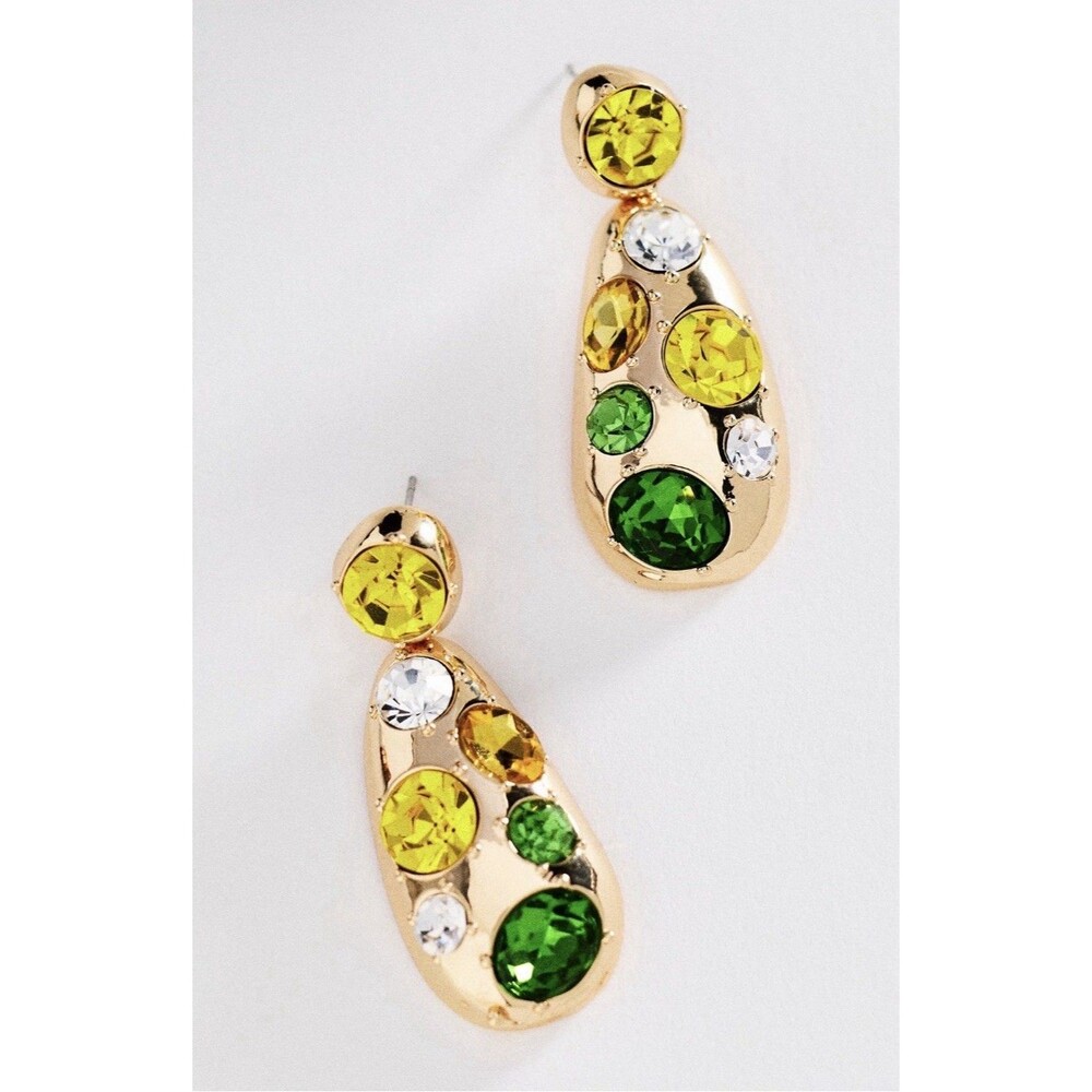 Anthropologie Drop Earrings Green Crystal Cluster Preppy Retro Boho Resort NWT